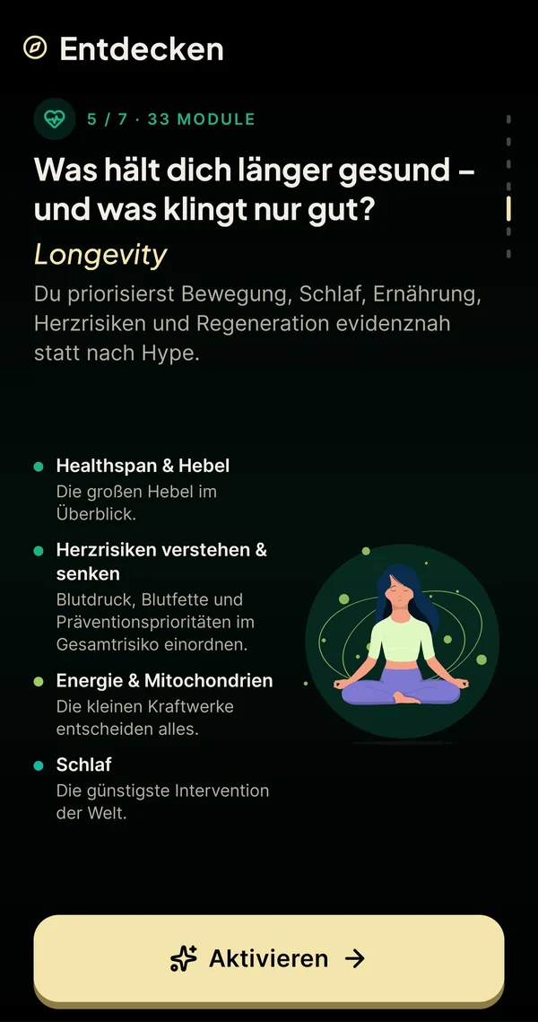 Alexandria Entdecken: Longevity mit Lernaspekten zu Healthspan, Herzrisiken, Energie und Schlaf.